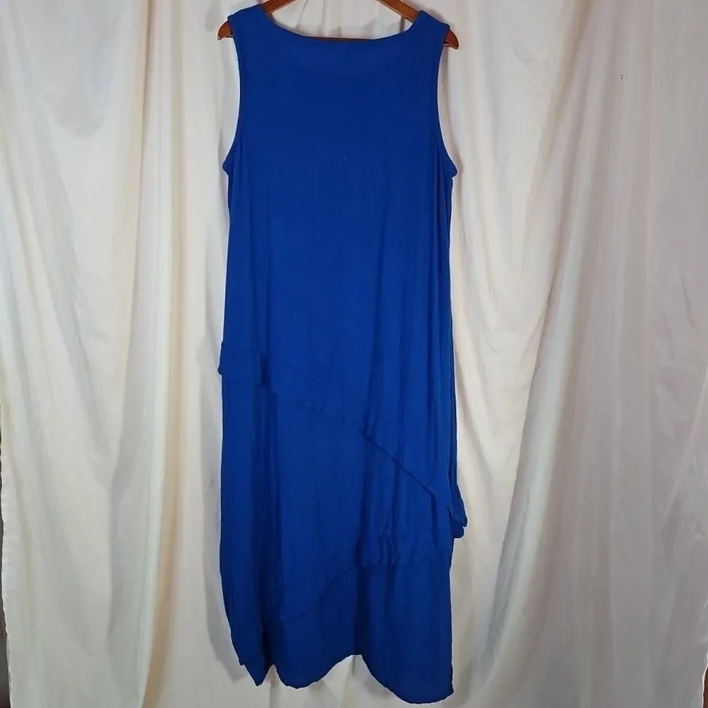 Oh My Gauze! Blue Ruffle Maxi Dress Women's 2 L XL Lagenlook Cotton Square Neck - Picture 5 of 7